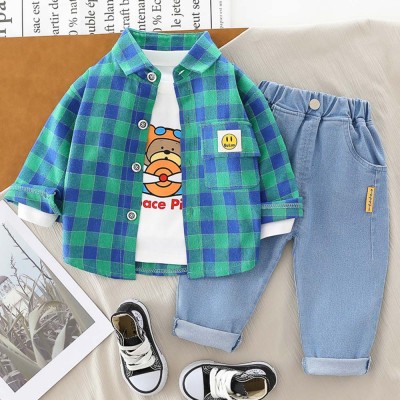 【9M-4Y】3-piece Boys Bear Print Long-sleeved T-shirt And Plaid Shirt And Jeans Set