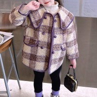 【18M-8Y】Girls Thick Purple Plaid Tweed Coat