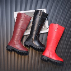 Girls Thick Solid Color PU Leather High Boots