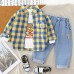 【9M-4Y】3-piece Boys Bear Print Long-sleeved T-shirt And Plaid Shirt And Jeans Set