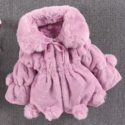 【18M-9Y】Girls Pom Pom Thick Faux Fur Coat - 3163