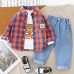 【9M-4Y】3-piece Boys Bear Print Long-sleeved T-shirt And Plaid Shirt And Jeans Set