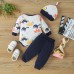 【0M-18M】3-piece Baby Boy Dinosaur Print Long Sleeve Romper And Pants Set With Hat