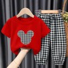 【18M-9Y】Unisex Kids Cartoon Print Short-sleeved T-shirt And Plaid Pants Set - 34359