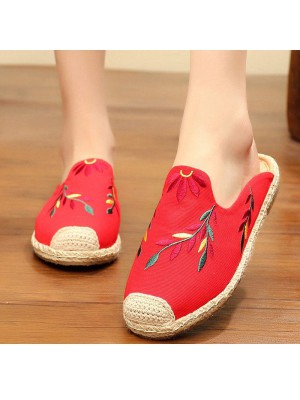 Simple Splicing Red Cotton Fabric Embroideried Slippers Shoes